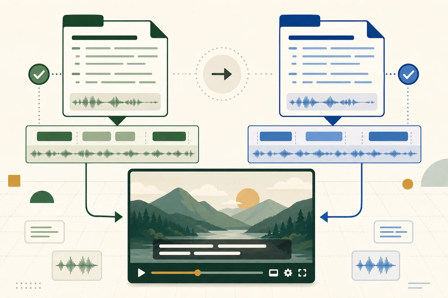 Editorial subtitle workflow converting two timed-text file structures into captions on a video player