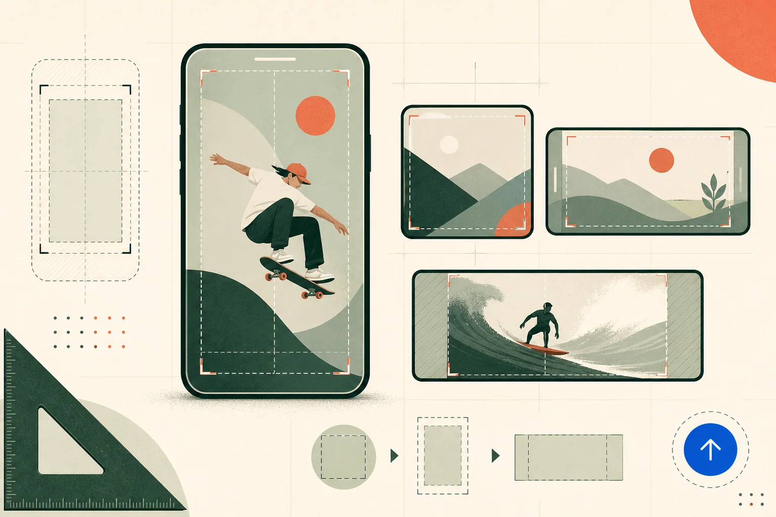 Editorial layout comparing vertical, square, and landscape video frames with crop guides